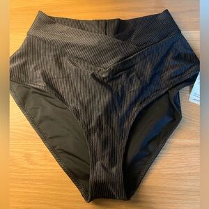 Aerie Shine Rib Crossover High Waisted Bikini Bottom Black Womens Size Large